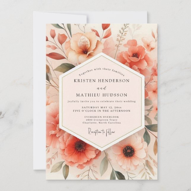 Convite Casamento Caprichoso Floral Coral (Frente)