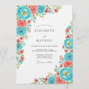 Convite Casamento Caprichoso Floral Coral Teal