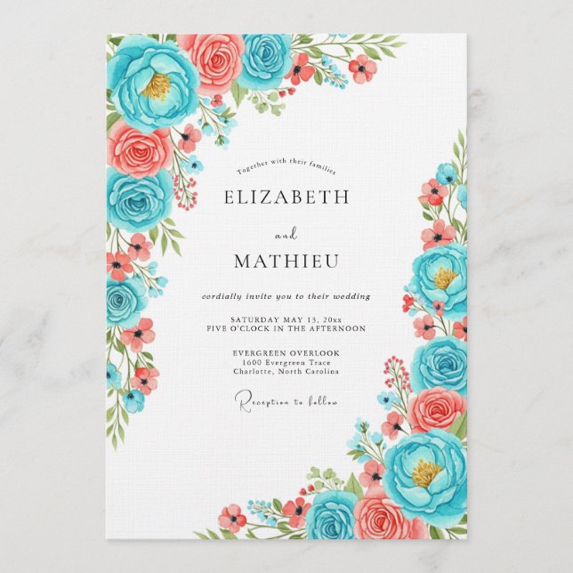 Convite Casamento Caprichoso Floral Coral Teal (Frente)