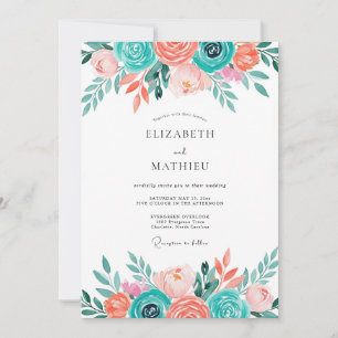 Convite Casamento Caprichoso Floral Coral Turquesa