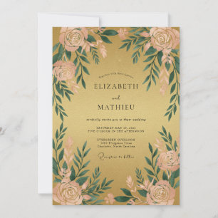 Convite Casamento Caprichoso Floral Dourado Pêssego