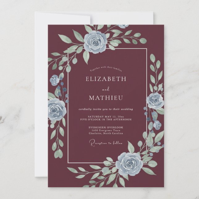 Convite Casamento Caprichoso Floral Macio Borgonha (Frente)