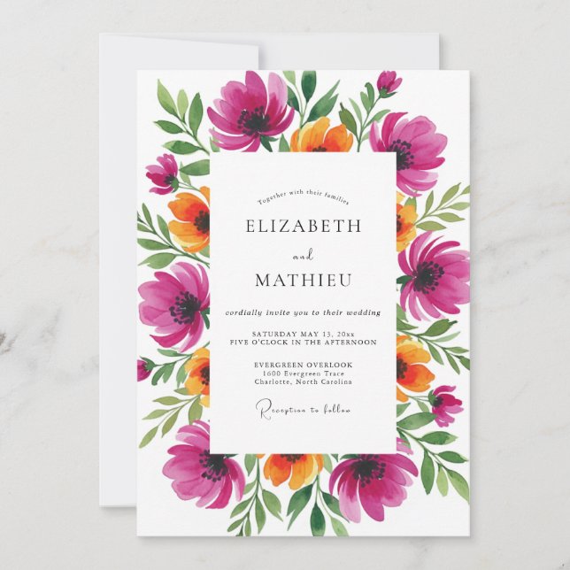 Convite Casamento Caprichoso Floral Magenta (Frente)