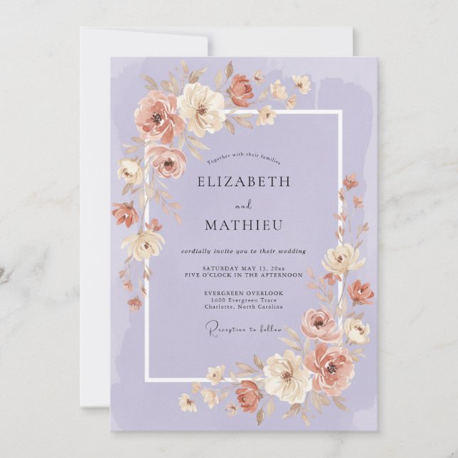 Convite Casamento Caprichoso Floral Malva (Frente)