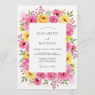 Convite Casamento Caprichoso Floral Rosa Amarelo
