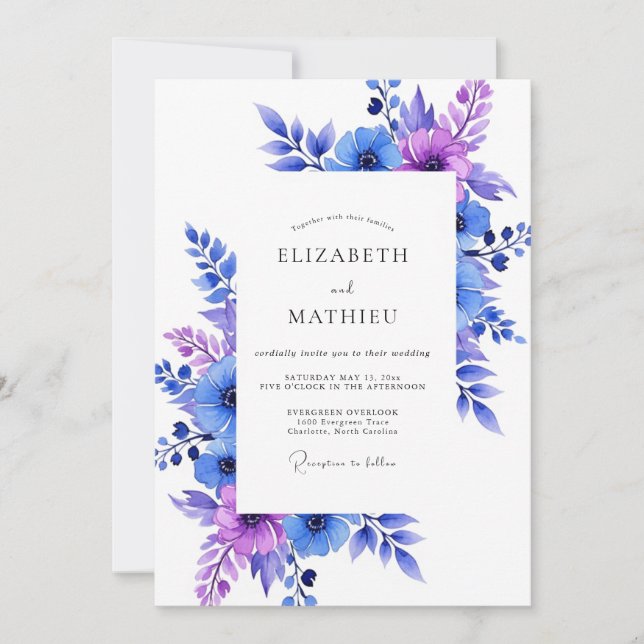 Convite Casamento Caprichoso Floral Roxo Azul (Frente)