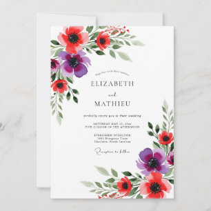 Convite Casamento Caprichoso Floral Roxo Vermelho