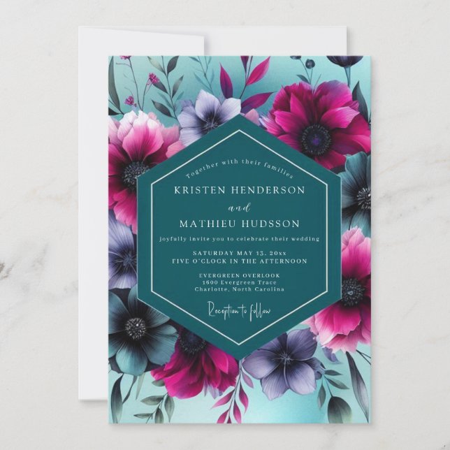 Convite Casamento Caprichoso Floral Turquesa (Frente)