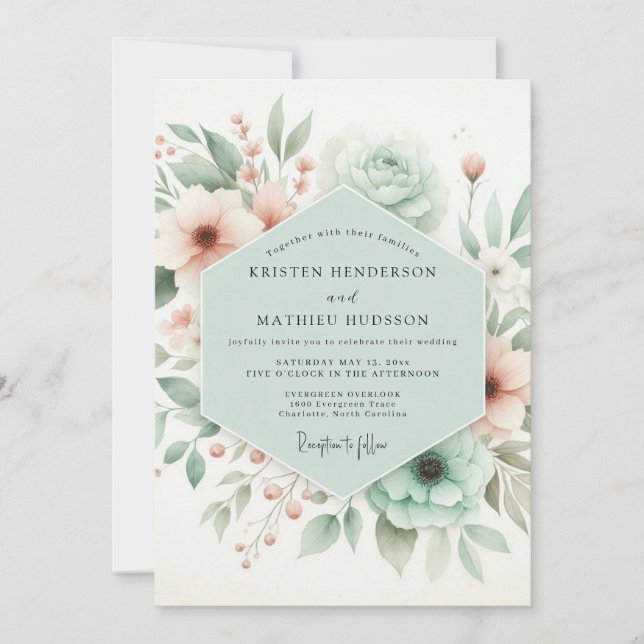 Convite Casamento Caprichoso Floral Verde Menta (Frente)