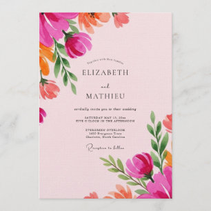 Convite Casamento Caprichoso Floral Vibrante Fúcsia
