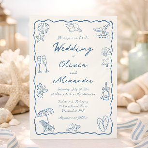 Convite Casamento caprichoso na praia costeira com desenho