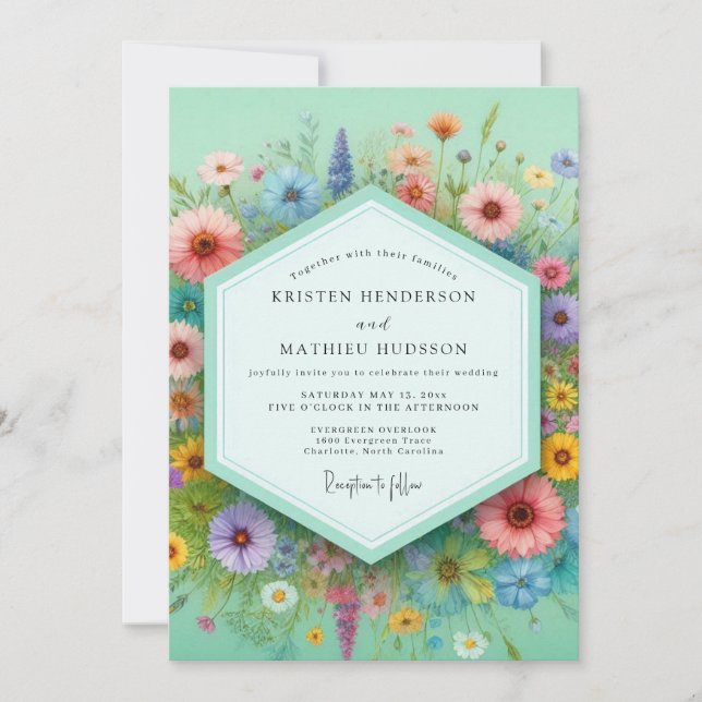 Convite Casamento Caprichoso Prado Floral Menta (Frente)