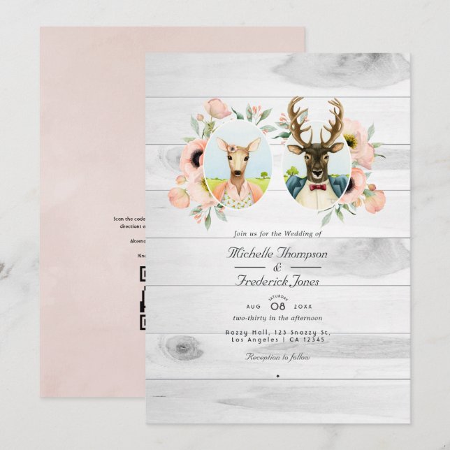 Convite Casamento caprichoso rústico de cervos na floresta (Frente/Verso)