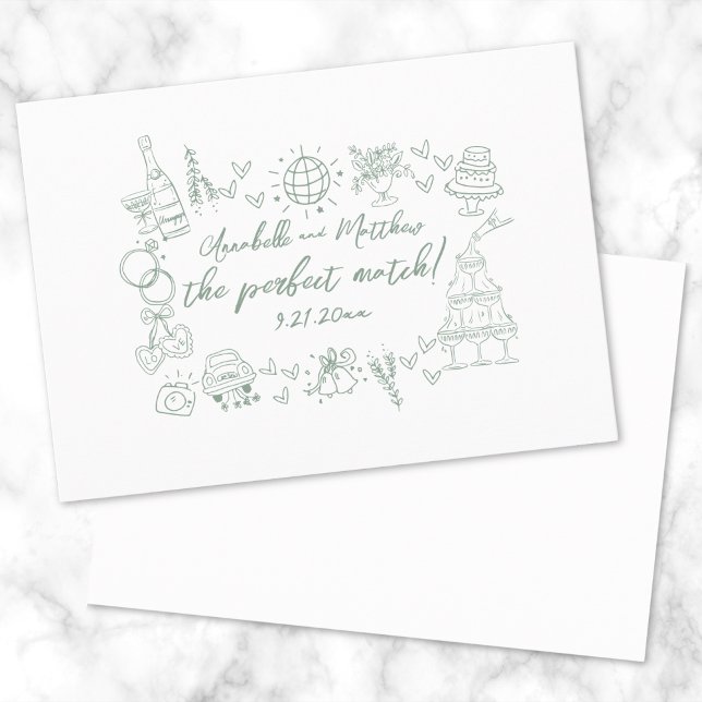 Convite Casamento Caprichoso Verde Correspondência Perfeit (Hand Drawn Perfect Match Green Whimsical Wedding Invitation)