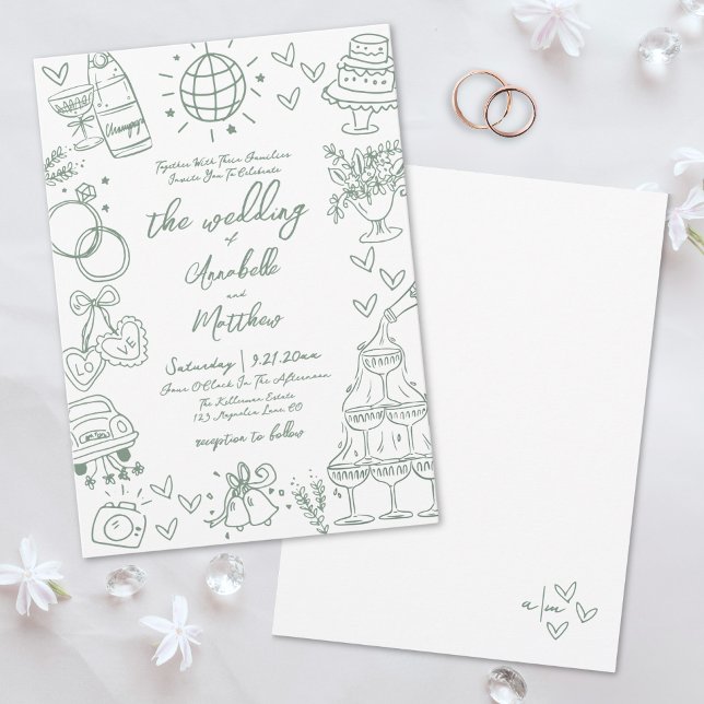 Convite Casamento Caprichoso Verde Desenhado à Mão (Hand Drawn Green Whimsical Wedding Invitation)