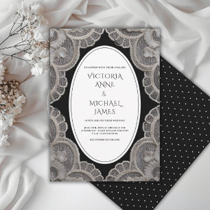Convite Casamento Caprichoso Vintage com Renda Preta