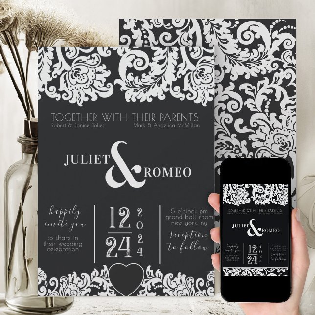 Convite Casamento Cardíaco de Damasco Floral Branco e Pret (modern black and white elegant wedding invitation with beautiful floral damask)
