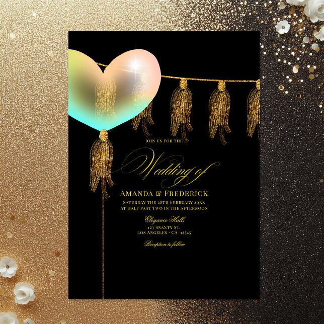 Convite Casamento Cardíaco Dourado e Iridescente (Black and Gold Iridescent Heart Wedding Invitation)