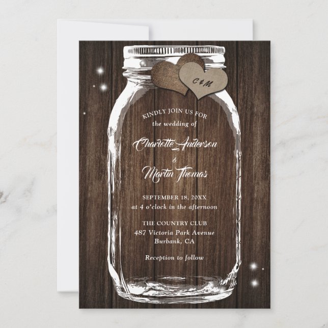 Convite Casamento Cardíaco Mason Jar Rustic Country Wood B (Frente)