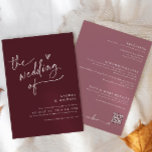 Convite Casamento Cardíaco Moderno Burgundy / Merlot<br><div class="desc">Este convite de casamento moderno e divertido apresenta "o casamento de" e um coração puxado pela mão em um roteiro divertido de caligrafia / vinho burgundy. As costas estão em uma mauve empoeirada e mostram seus detalhes de casamento. É perfeitamente moderno,  simples e minimalista.</div>