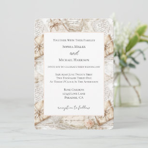 Convite Casamento Cartas de Amor Rosas Beige Marfim Românt