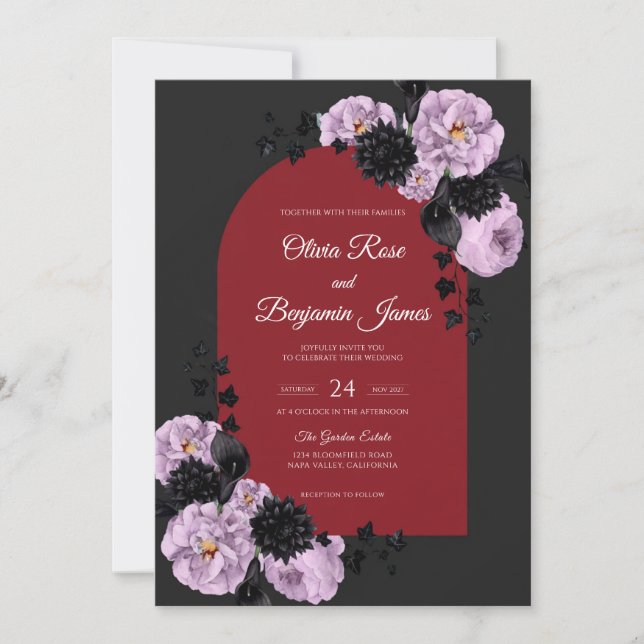 Convite Casamento Carvão Orquídea Carmesim (Frente)