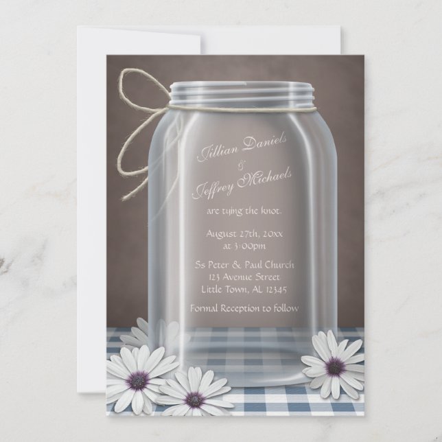 Convite Casamento Castanho Azul Daisy Mason Jar Daisy (Frente)
