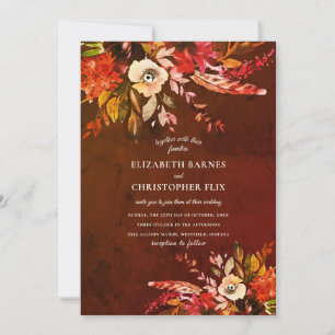 Convite Casamento Castanho Floral Marmoreado de Autumn Wat