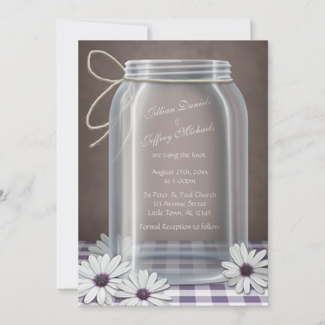 Convite Casamento Castanho Roxo Mason Jar Daisy (Frente)
