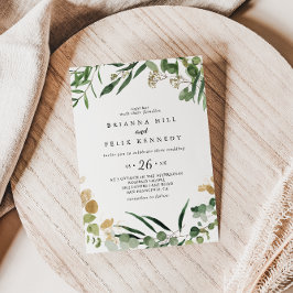 Convite Casamento Casual da Folhagem Verde Dourada Tropica