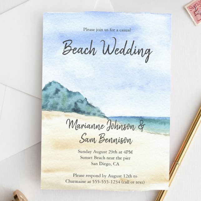 Convite Casamento Casual de Praia de Watercolor Beach Ocea (Criador carregado)