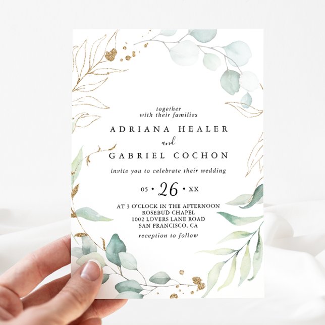 Convite Casamento Casual Eucalyptus Calliografia Dourado (Criador carregado)