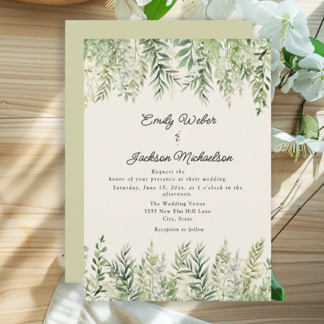 Convite Casamento Casual Folhas Verdes Aquarela (Elegant greenery wedding invitation)