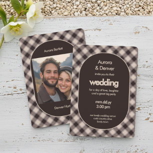 Convite Casamento Casual Foto Xadrez Marrom Retro