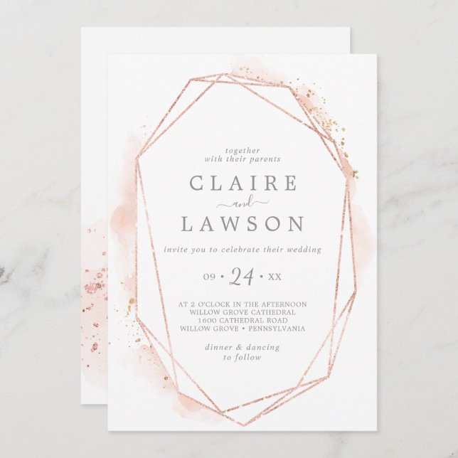 Convite Casamento Casual Geométrico de rosa Dourado Waterc (Frente/Verso)