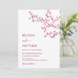 Convite Casamento Casual Rosa e Branco de Flores de Cereje