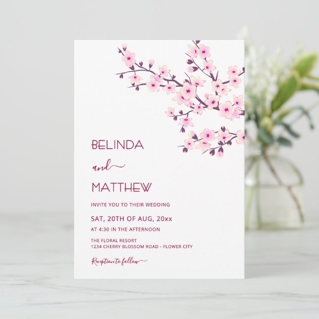Convite Casamento Casual Rosa e Branco de Flores de Cereje (Em pé/Frente)