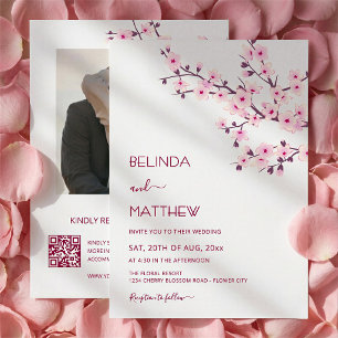 Convite Casamento Casual Rosa e Branco de Flores de Cereje