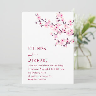 Convite Casamento Casual Rosa e Branco de Flores de Cereje