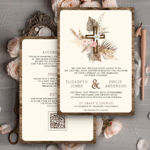 Convite Casamento Católico Boho Pampas Cruz de Madeira Tud