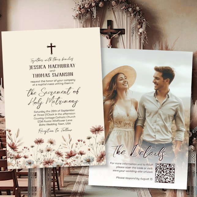 Convite Casamento Católico Boho Wildflower Foto & QR Code (Front/Back)