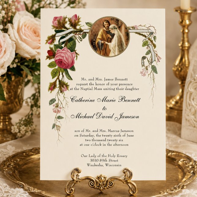 Convite Casamento Católico Clássico Elegante Marfim Rosas (Criador carregado)