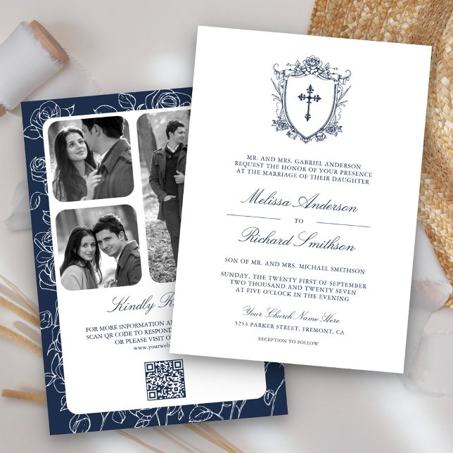 Convite Casamento Católico Código QR Azul Vitoriano (Criador carregado)