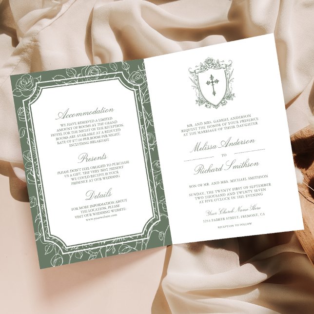 Convite Casamento Católico Código QR Verde Sage Vitoriano (Criador carregado)