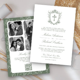 Convite Casamento Católico Código QR Verde Sage Vitoriano