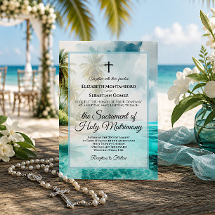 Convite Casamento Católico com Aquarela de Praia Tropical