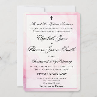 Convite Casamento Católico com Aquarela Rosa e Branca