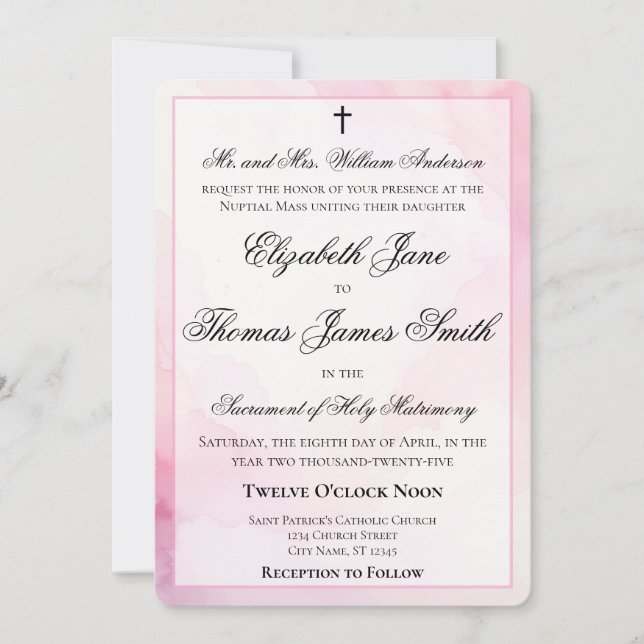 Convite Casamento Católico com Aquarela Rosa e Branca (Frente)