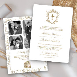 Convite Casamento Católico com Código QR Branco e Dourado 