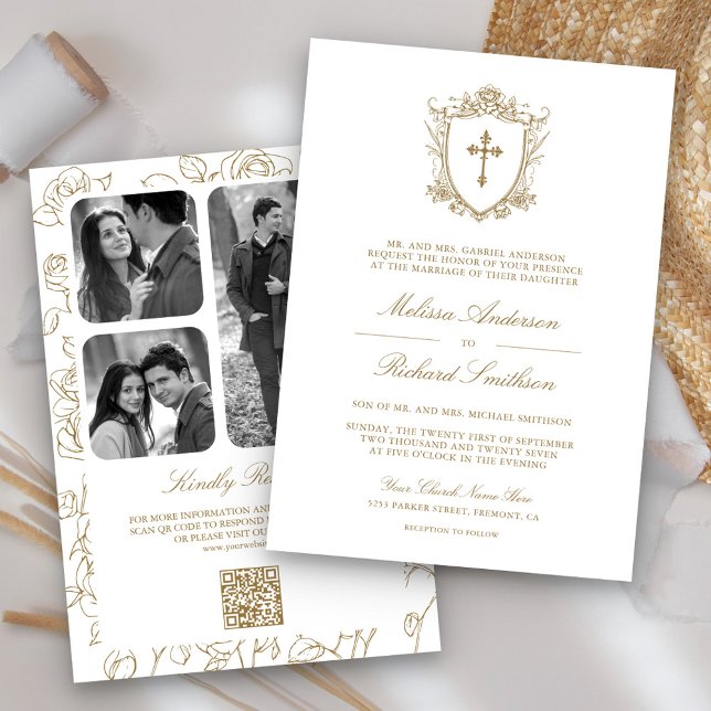 Convite Casamento Católico com Código QR Branco e Dourado  (Criador carregado)